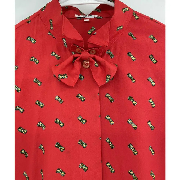 Vintage Rodier Paris Womens Blouse Bow Tie Red Batwing size 40 US 10 - Picture 12 of 12